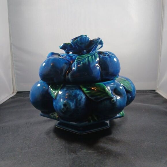 Vintage Candy Dish Inarco Blue Fruits Retro MCM Cookie Jar - Picture 4 of 15